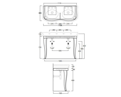 SIMAS Lante Комплект мебели, консоль 111х50.4см, с двойной раковиной на 2 отв., зеркало овальное, напольный, цвет: черный. LAM120 nero,  LA12bi*1