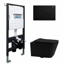 Комплект Abber Rechteck AC1201MB-AC0105-AC0121MB, Унитаз подвесной безободковый, с микролифтом + Система инсталляции + Кнопка смыва матовая черная