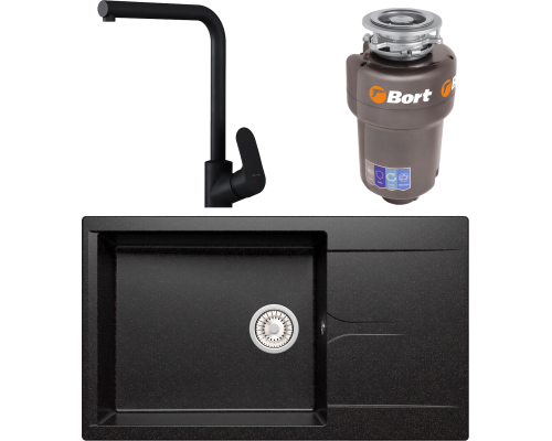 Комплект Мойка кухонная Polygran Gals 862 черная + Смеситель AM.PM Like F8005022 черный + Измельчитель Bort Titan 5000