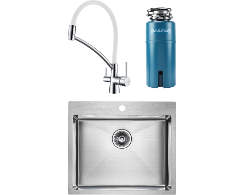 Комплект Мойка кухонная Paulmark Brim PM215951-BS брашированная нержавеющая сталь + Смеситель Siegen Si213111-CRw хром, с гибким изливом