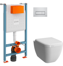 Комплект Унитаз подвесной VitrA Shift 7742B003-0075 белый глянцевый + Крышка 91-003-009 с микролифтом, петли хром + Инсталляция V-Fix Core 738-5800-01 с кнопкой смыва Root S 740-2380 хром