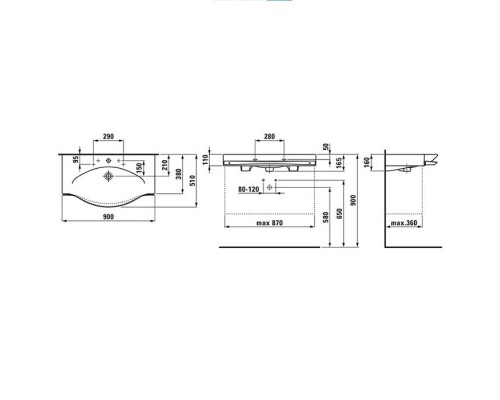 Laufen Palace Раковина 90х51х11см, подвесная/накладная, с 1 отв., c полотенцедержателем, цвет: белый. 8.1270.2.000.104.1