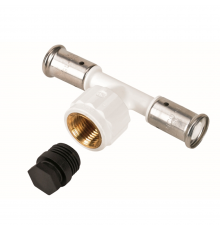 Тройник ВР c черной заглушкой BP04 1/2 ПВДФ пресс (белый), 20x1/2 x20, HENCO 13PKW-200420