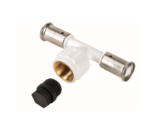 Тройник ВР c черной заглушкой BP04 1/2 ПВДФ пресс (белый), 20x1/2 x20, HENCO 13PKW-200420