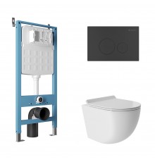 Комплект Aqueduto AQDS187Т Унитаз подвесной Ovo безободковый, с микролифтом, смыв Tornado + Система инсталляции для унитазов Tecnica Novo + Кнопка смыва Circulo Novo черная матовая