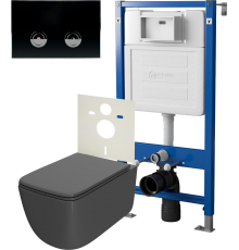 Комплект Унитаз подвесной Point Меркурий PN41831GM серый матовый, безободковый, с микролифтом + Инсталляция PN45121 пневматическая + Кнопка Венера PN44071BC черная, хром