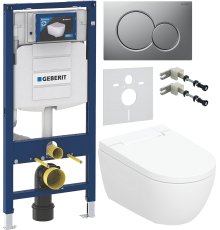 Комплект Умный подвесной Geberit AquaClean Alba безободковый, с биде + Инсталляция Duofix UP 320 111.300.00.5 + Кнопка Sigma 01 115.770.JQ.5 лакированная, матовый хром + Звукоизоляция 156.050.00.1 + Крепления 111.815.00.1 к стене