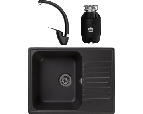 Комплект Мойка кухонная GranFest Quarz Z13 черный + Смеситель Domaci Солерно DC-3013 морион + Измельчитель Bone Crusher BC 810-AS