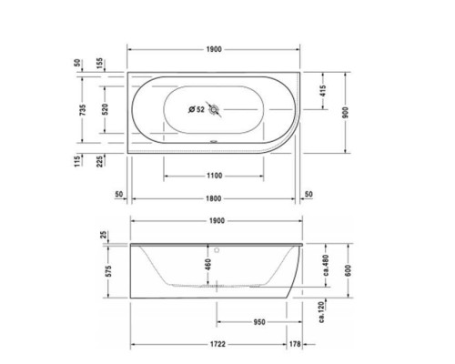 Duravit Darling New  Ванна 190х90x60см, акриловая, угол слева, с панелью и ножками,с 2 наклонами для спины, цвет: белый. 700246000000000