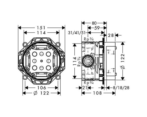 Axor Универсальная скрытая часть frac12;rsquo; / frac34;, подходит для всех готовых наборов для душа, ванны и для термостата. 01800180 Axor Универсальная скрытая часть frac12;rsquo; / frac34;, подходит для всех готовых наборов для душа, ванны и для термостата. 01800180