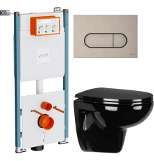 Комплект Унитаз подвесной Wanfald Lauta 47374100005 черный + Инсталляция VitrA V-Fix Core 732-5800-01PV + Кнопка Root Round 740-2295 никель