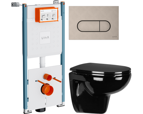 Комплект Унитаз подвесной Wanfald Lauta 47374100005 черный + Инсталляция VitrA V-Fix Core 732-5800-01PV + Кнопка Root Round 740-2295 никель