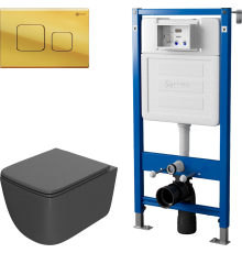 Комплект Унитаз подвесной Point Меркурий PN41831GM серый матовый, безободковый, с микролифтом + Инсталляция PN45122 с контейнером для гигиенических таблеток + Кнопка Афина PN44041G золото