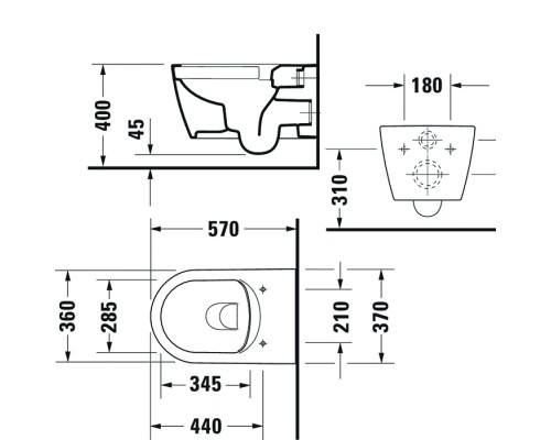 Duravit Me by Starck Унитаз подвесной Rimless 57х37см., с креплениями, цвет: белый . 2529090000