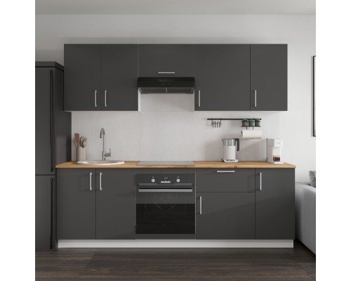 Кухонный гарнитур Domaci Болонья 240 см, фасад графит, ручка хром, столешница дуб вотан KUH-1000013