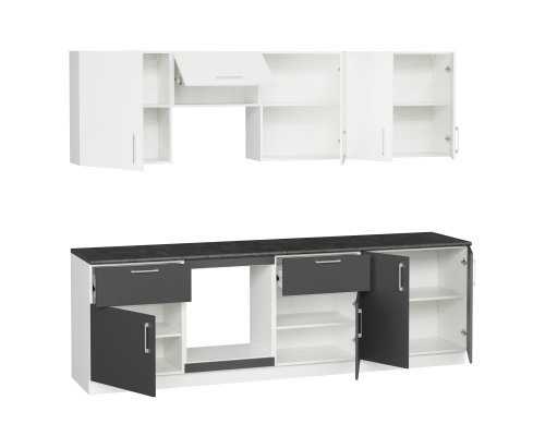 Кухонный гарнитур Domaci Болонья 260 см, фасад графит, белый, ручка хром, столешница луна KUH-1008829