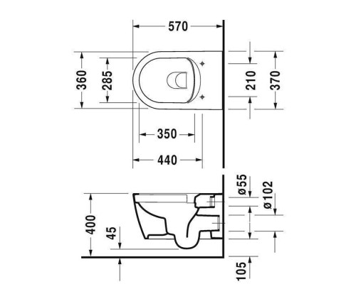 Duravit ME by Starck Унитаз подвесной Rimless без смывного края, свкл. крепление Durafix, 4,5л. с HygieneGlaze, 37x57см, Цвет: белый. 2529092000