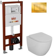 Комплект Унитаз подвесной Bauedge Bau Dream безободковый, с микролифтом + Инсталляция Bau Pro + Кнопка Stil, золото
