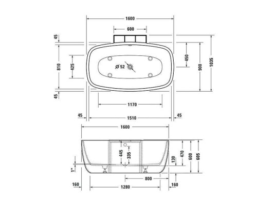 Duravit Aurena Ванна пристенная 160x103.5см., материал DuroCast Plus, сливной гарнитур, цвет: белый матовый. 792218000001000,  700551000000000