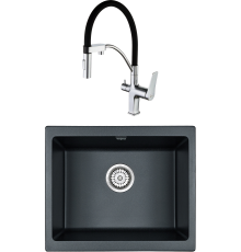 Комплект Мойка кухонная Paulmark Gera 60 PM205546-BLM черный металлик + Смеситель Lemark Comfort LM3074C с гибким изливом, хром, черный