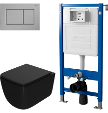 Комплект Унитаз подвесной Point Меркурий PN41831BM черный матовый, безободковый, с микролифтом + Инсталляция PN45122 с контейнером для гигиенических таблеток + Кнопка Ника PN44081SB нержавеющая сталь, сталь брашированная