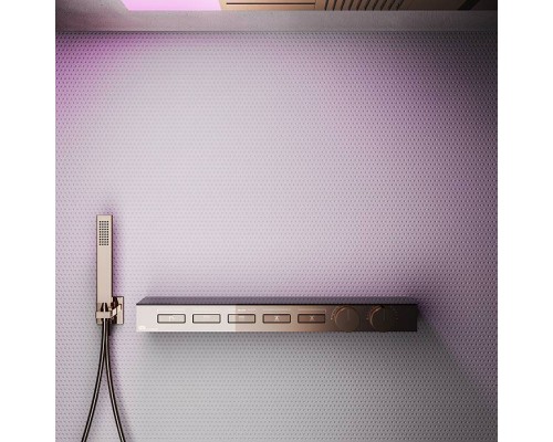 Gessi Hi-Fi Термостат для душа, с вкл. до 5 источников одновременно, с полкой из черного мат. стекла, внешняя часть, цвет: Copper PVD. 63028#030