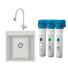 Комплект Мойка кухонная Paulmark Kante 50 PM105152-WH белый + Смеситель Lange 214212-431 белый матовый + Фильтр Refine System