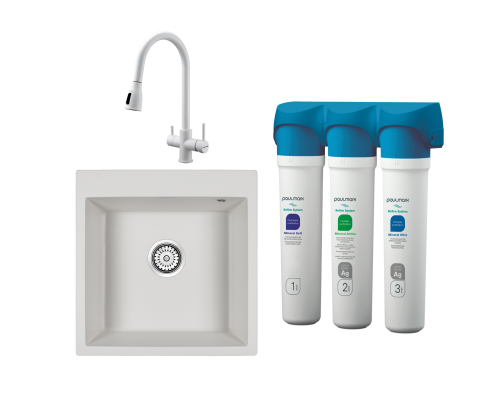 Комплект Мойка кухонная Paulmark Kante 50 PM105152-WH белый + Смеситель Lange 214212-431 белый матовый + Фильтр Refine System