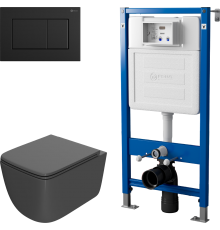 Комплект Унитаз подвесной Point Меркурий PN41831GM серый матовый, безободковый, с микролифтом + Инсталляция PN45122 с контейнером для гигиенических таблеток + Кнопка Ника PN44081BM черная матовая