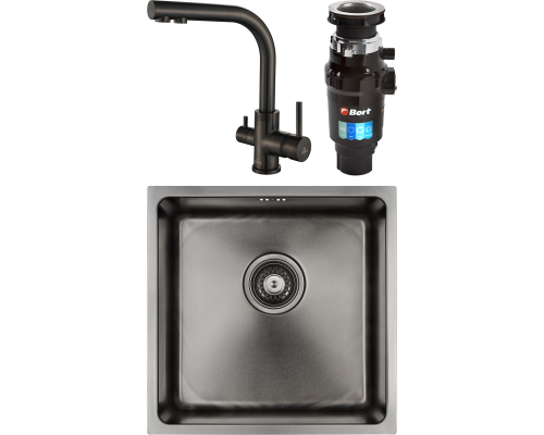 Комплект Мойка кухонная Paulmark Vista PM304444-GM вороненая сталь + Смеситель Essen 213011-GM вороненая сталь + Измельчитель Bort Master Eco 91275752