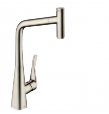 Hansgrohe Metris Select M71 Смеситель для кухни, на 1 отв, поворотный излив: 23.5см с вытяжным душем, 1jet, h: 33.3см, sBox, кнопка вкл/выкл, цвет: нержавейка. 73803800