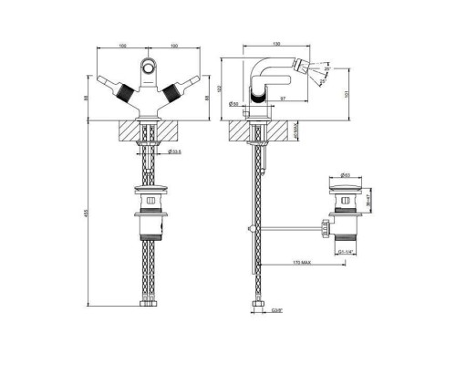 Gessi Inciso Смеситель для биде, однорычажный, с донным клапаном на 1 1/4, соединительные шланги на 3/8, цвет: Black XL. 58027#299