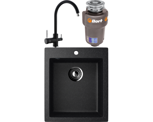 Комплект Мойка кухонная Ulgran U-404 -308 черная, встраиваемая, российская, матовая, квадратная + Смеситель Domaci Солерно DC-3007 морион + Измельчитель Bort Titan Max Power