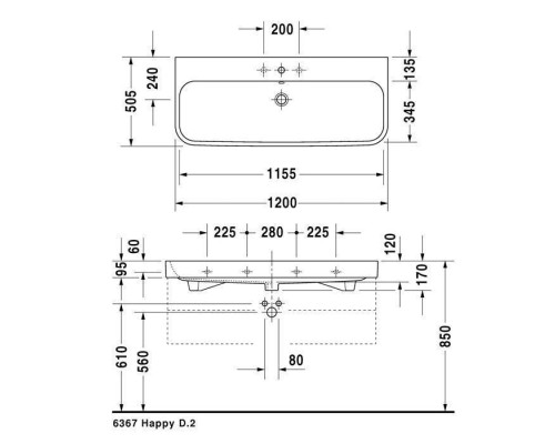 Duravit Happy D.2 Раковина 120x50.5 см, 3 отв., с переливом,  шлифованная, цвет: белый. 2318120025