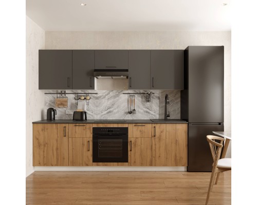 Кухонный гарнитур Domaci Болонья 260 см, фасад дуб вотан, графит, ручка черная, столешница луна KUH-1008846