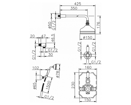HUBER Victorian Комплект:термостатический смеситель c запорным вентилем,переключатель,верхний душ Easy Clean,ручной душ со шлангом на держателе,вывод, цвет: хром. 913.VT02H.CR