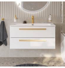 Тумба с раковиной Cezares Eco Cer-N 100 bianco lucido, раковина Eco 100, ручки сатиновое золото