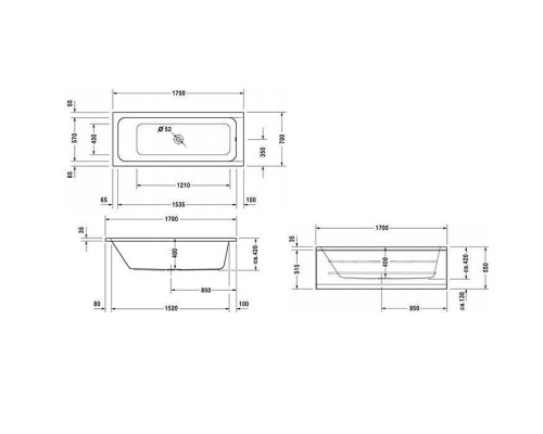 Duravit D-Code  Ванна акриловая прямоугольная 170х70x40см, встраиваемая, с 1 наклоном для спины, выпуск центральный , цвет: белый. 700097000000000,  790227000001000,  790127000000000