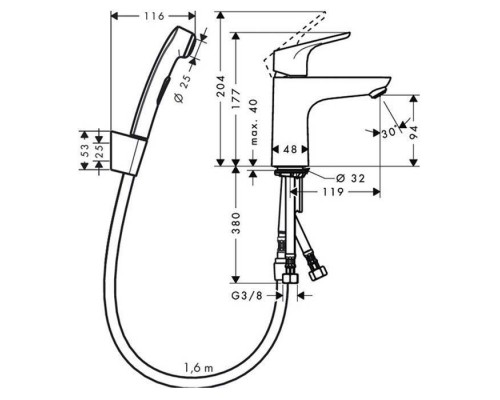 Hansgrohe Focus, Смеситель для раковины с гигиеническим душем, с донным клапаном, Цвет: хром. 31927000 Hansgrohe Focus, Смеситель для раковины с гигиеническим душем, с донным клапаном, Цвет: хром. 31927000