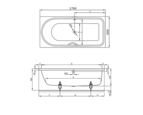 Bette Ocean Ванна с шумоизоляцией  170х80х45см, перелив сзади, с комплектом ножек. 8765-000,  B23-1500