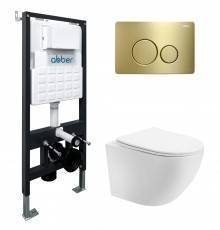 Комплект Abber Bequem AC1100T-AC0105-AC0121MMG, Унитаз подвесной безободковый, с микролифтом + Система инсталляции + Кнопка смыва золото матовое
