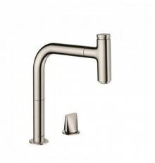 Hansgrohe Metris Select M71 Смеситель для кухни, на 2 отв, поворотный излив: 22.1см с вытяжным душем, 1jet, h:20.8см, sBox, кнопка вкл/выкл, цвет: нержавейка. 73804800