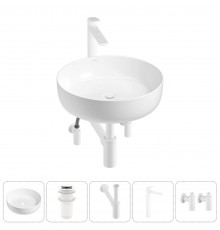 Накладная раковина для ванной комнаты Wellsee Belle Spa 3.0 20212648R в наборе 5 в 1: раковина белый глянец, донный клапан, сифон, смеситель, вентили (цвет набора матовый белый)