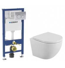 Комплект Унитаз подвесной BelBagno Uno BB3105CHR/SC + Инсталляция Geberit Delta 20 458.118.21.2 с кнопкой смыва, хром