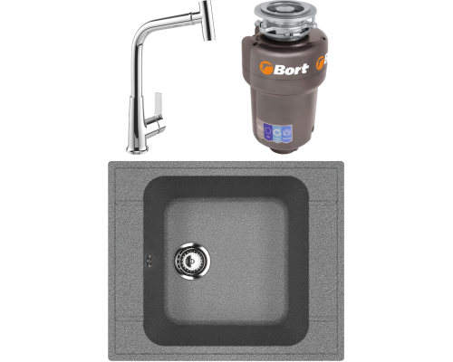 Комплект Мойка кухонная Ulgran U-604 -309 темно-серая + Смеситель MEGA Life MG-TK09 хром + Измельчитель Bort Titan Max Power