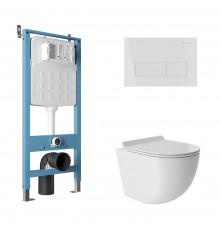 Комплект Aqueduto AQDS205T Унитаз подвесной Ovo безободковый, с микролифтом, смыв Tornado + Система инсталляции для унитазов Tecnica Novo + Кнопка смыва Retangulo Novo белая глянцевая