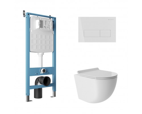 Комплект Aqueduto AQDS205T Унитаз подвесной Ovo безободковый, с микролифтом, смыв Tornado + Система инсталляции для унитазов Tecnica Novo + Кнопка смыва Retangulo Novo белая глянцевая