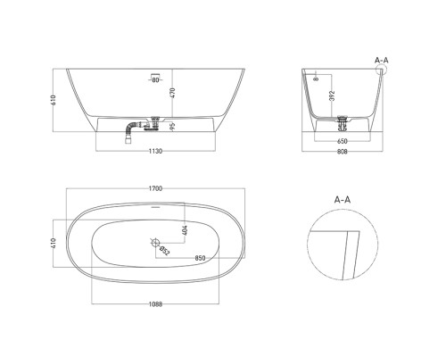 LOFO by Salini Ванна отдельностоящая 170х80см, донный клапан, сифон, слив-перелив, материал: Solid Surface, цвет: белый матовый. UM12122