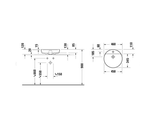 Duravit Vitrium Раковина 46см., накладная, 1 отв., круглая, без перелива, цвет: белый матовый. 2662463271