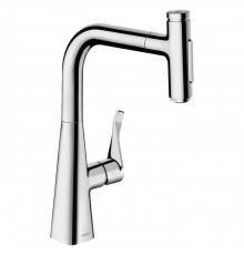 Hansgrohe Metris M71 Смеситель для кухни, на 1 отв, поворотный излив: 20.8см с вытяжным душем, 2jet, h238мм, sBox кнопка вкл/выкл,, цвет: хром. 73817000